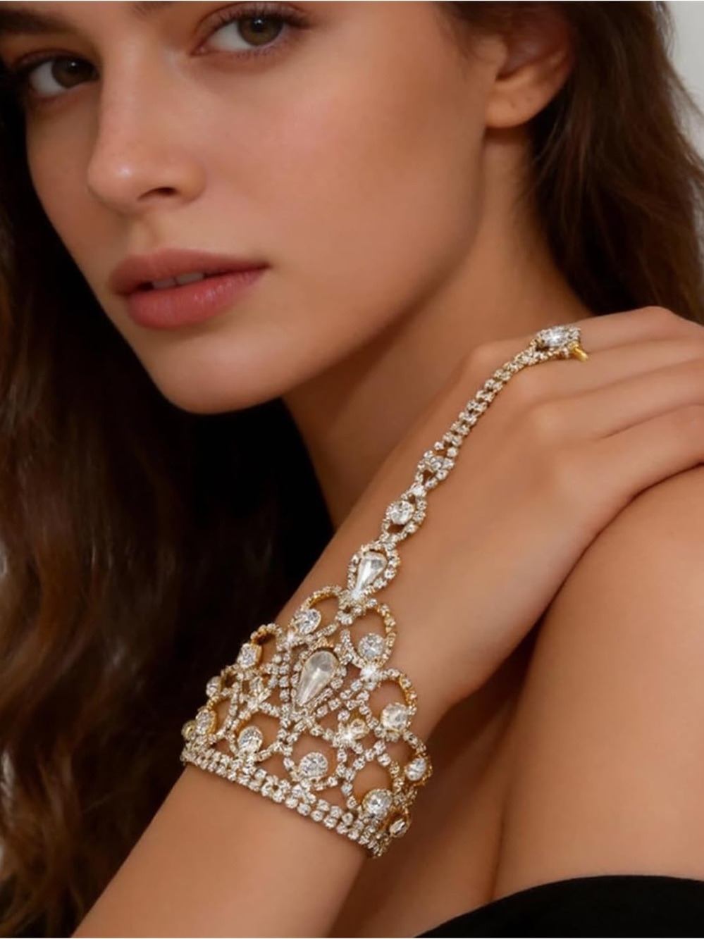 Luxury Crystal Hand Chain Bracelet Ring Gold Rhinestone Cuff Jewelry